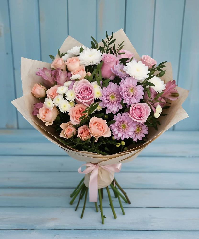Букет цветов из: Хризантемы, Розы и Альстромерии в Красочном