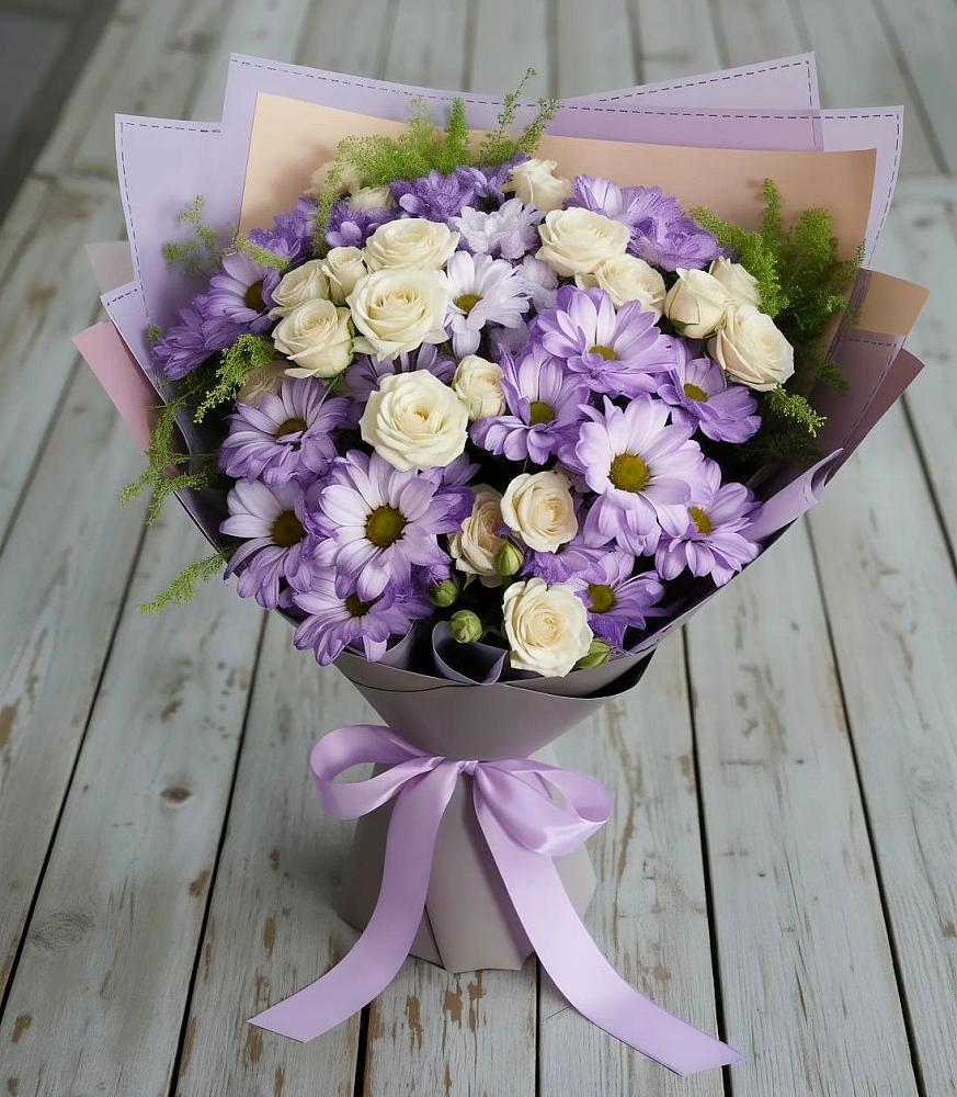 Букет цветов из: Хризантемы и Розы в Красочном